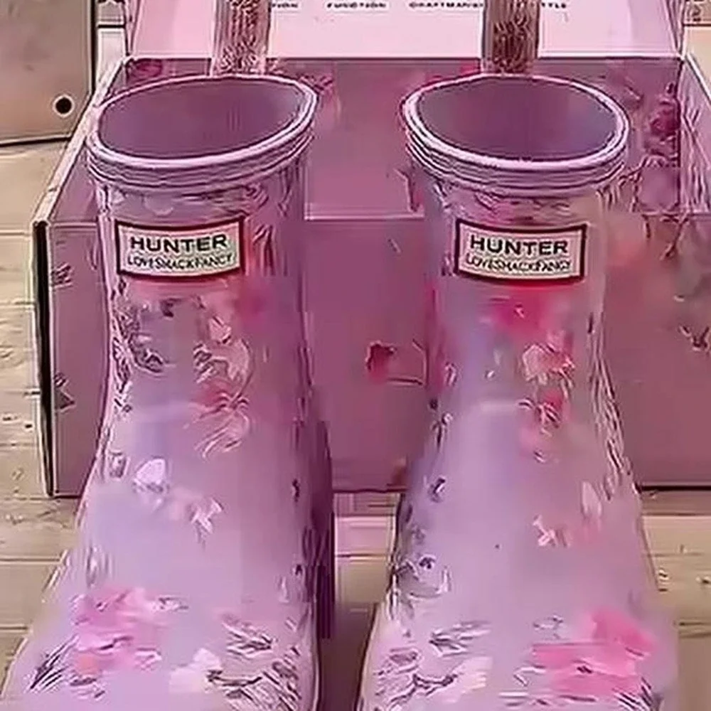 LoveShackFancy Hunter boots in happy thoughts purple floral play short rainboots
